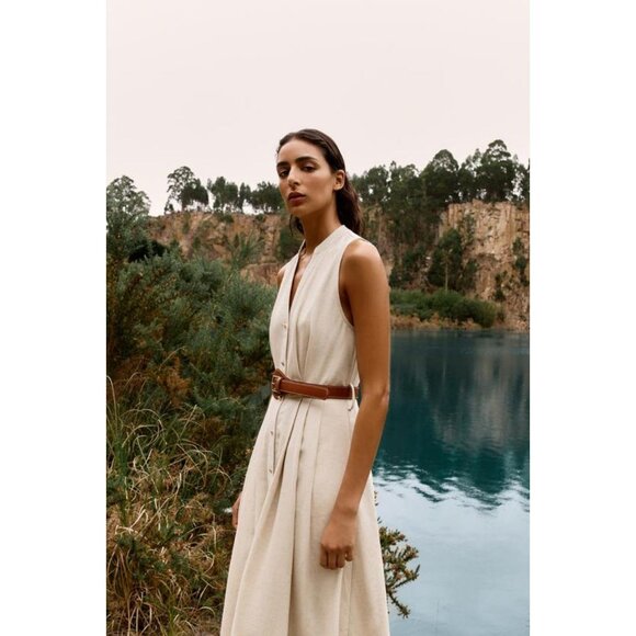 ZARA LINEN BLEND MIDI DRESS WITH BELT - Picture 1 of 9